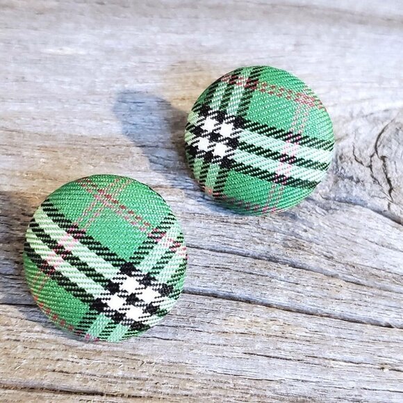 Green Black White Tartan Plaid Fabric Button Earrings - Picture 1 of 6